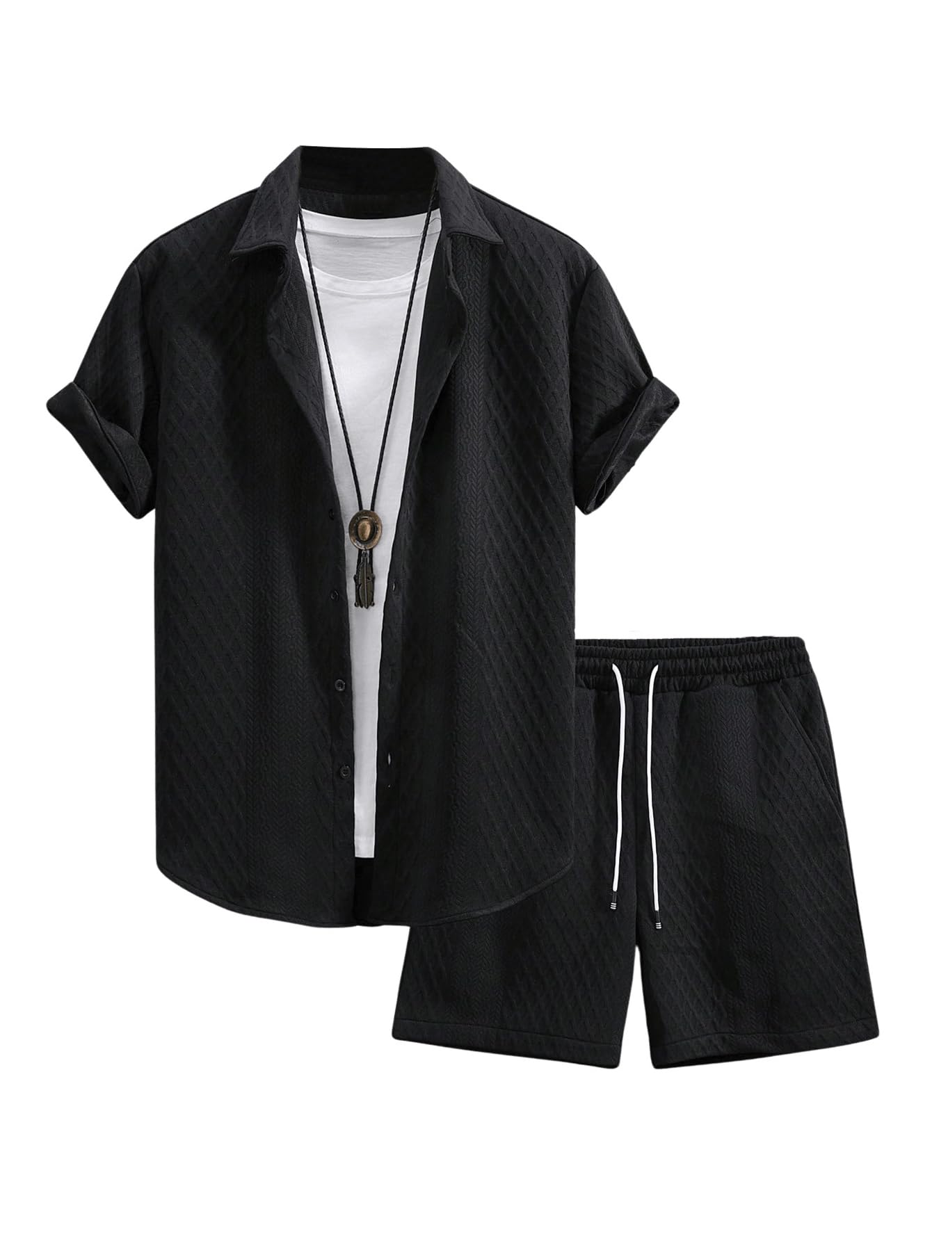 GORGLITTER Men's 2 Piece Outfits Waffle Knit Button Down Shirt Top and Shorts Set