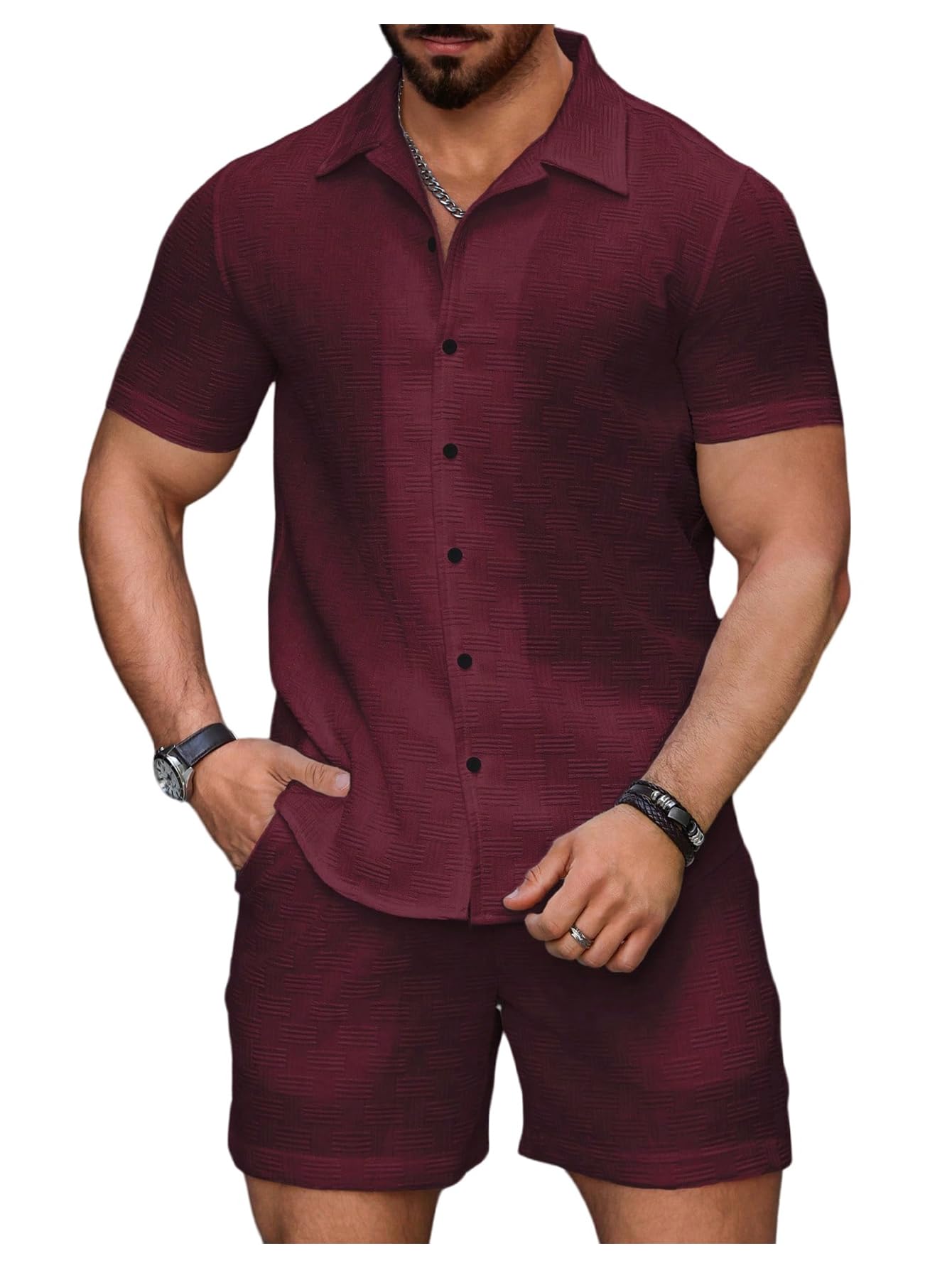 GORGLITTER Men's 2 Piece Outfits Waffle Knit Button Down Shirt Top and Shorts Set