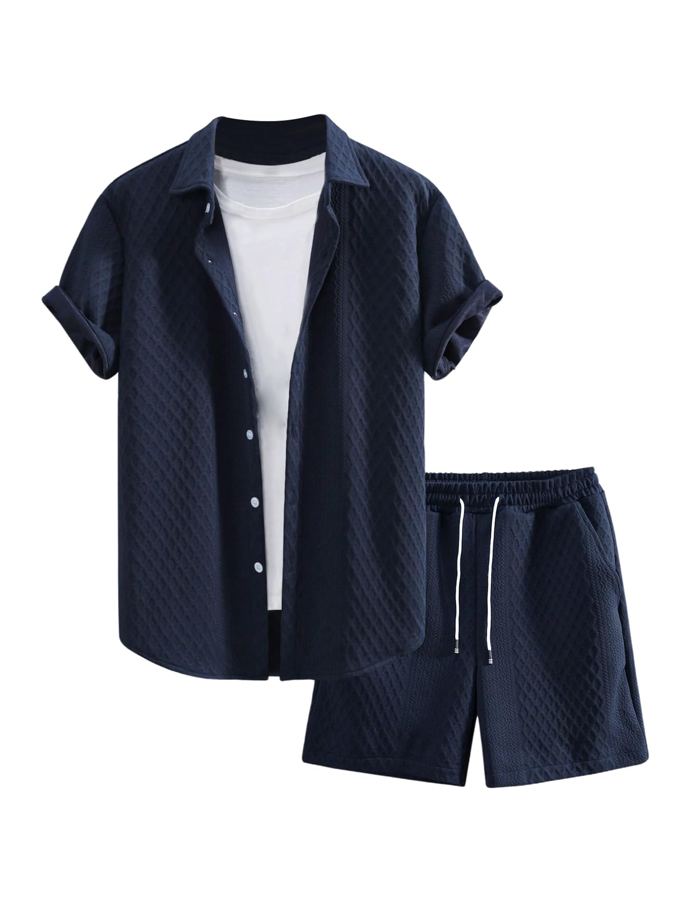 GORGLITTER Men's 2 Piece Outfits Waffle Knit Button Down Shirt Top and Shorts Set