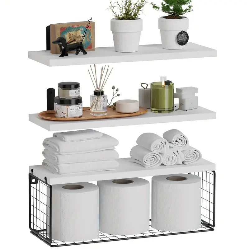 Elevate your bathroom decor with these sleek wood floating shelves