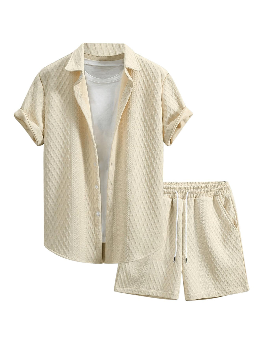 GORGLITTER Men's 2 Piece Outfits Waffle Knit Button Down Shirt Top and Shorts Set
