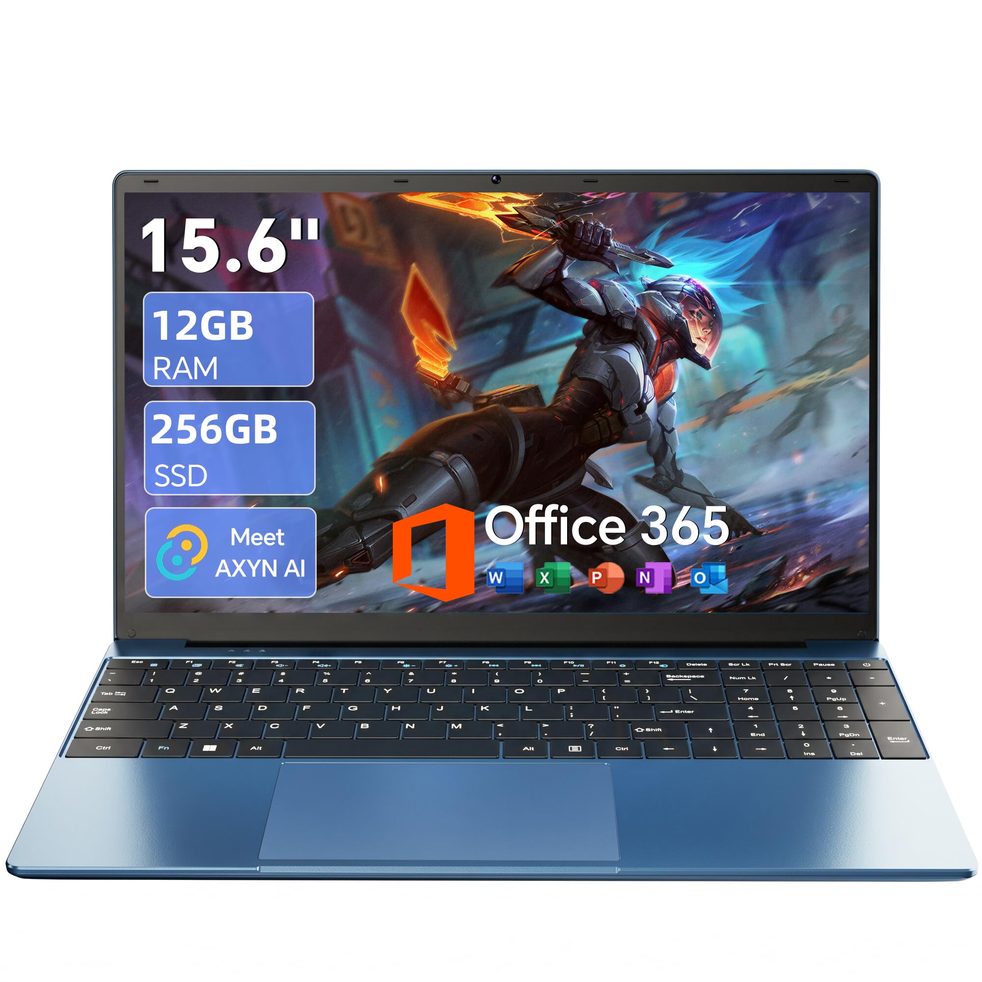 15.6 Inch Laptop with AI, Office 365, 12GB RAM 256GB SSD, Quad-Core Processor, Win 11 Home Laptops Computer, IPS FHD, 180°Viewing, Type-C, WiFi 5, BT4.2, Portable Thin Business Student Laptops
