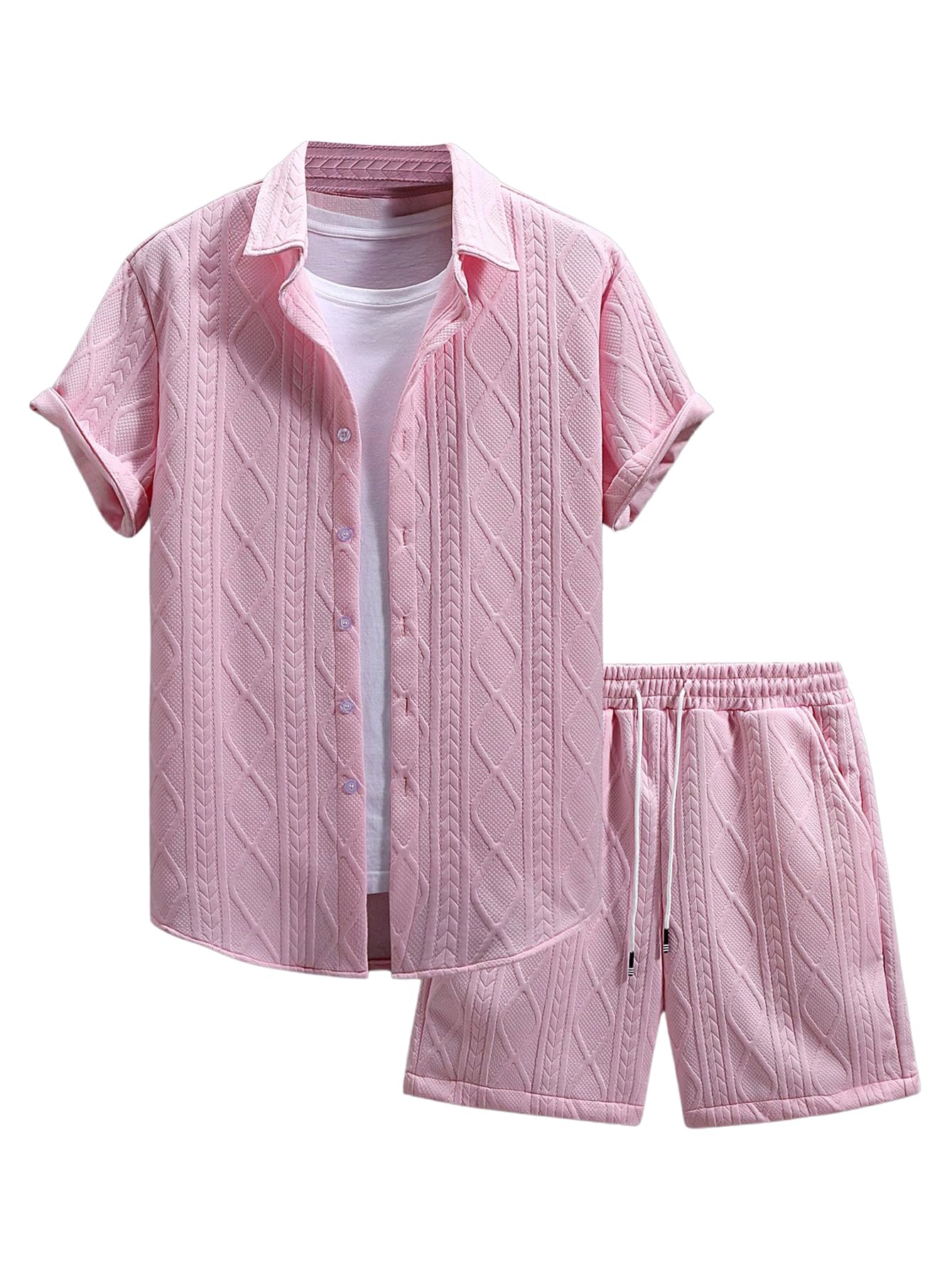 GORGLITTER Men's 2 Piece Outfits Waffle Knit Button Down Shirt Top and Shorts Set