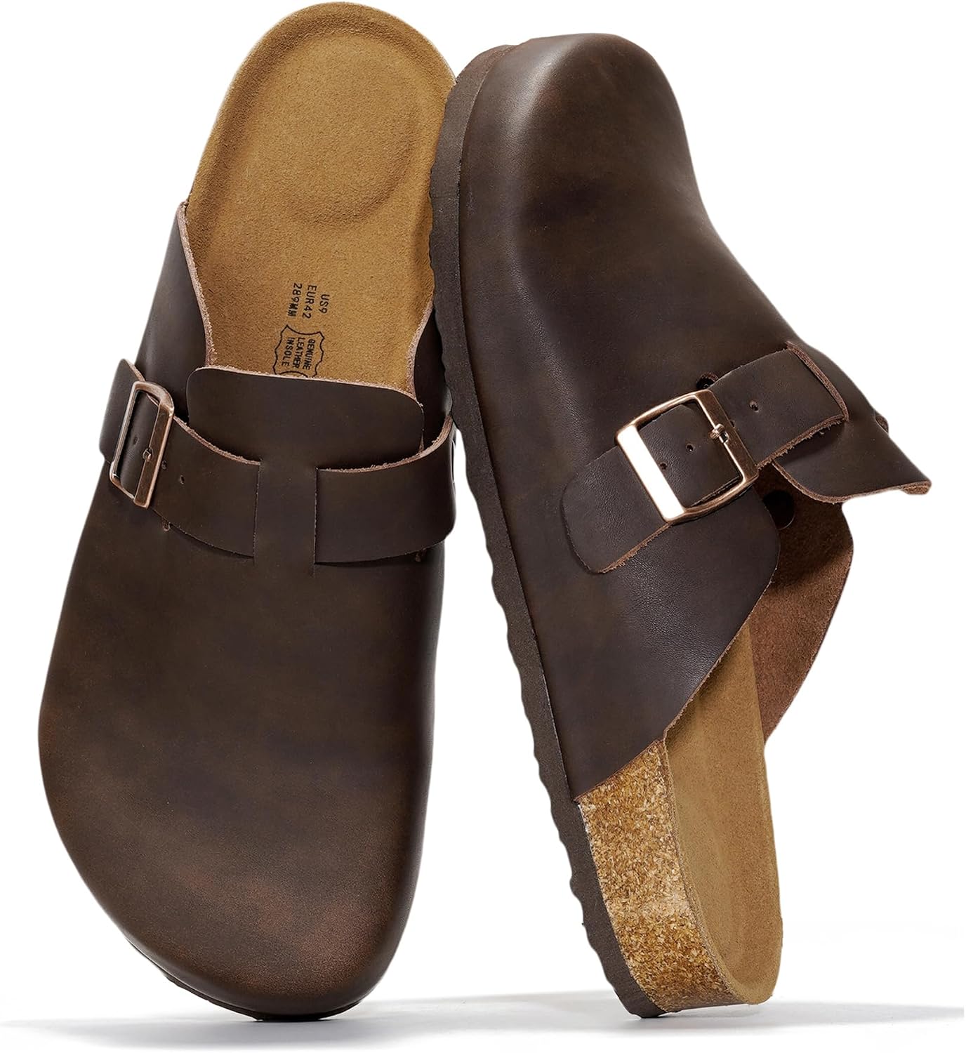 Project Cloud Mens Clogs - 100% Full Grain Genuine Leather Clogs for Men with Memory Foam Insole and Arch Support Natural Cork Footbed - Non Slip Mules Mens Slippers (Brooklyn)