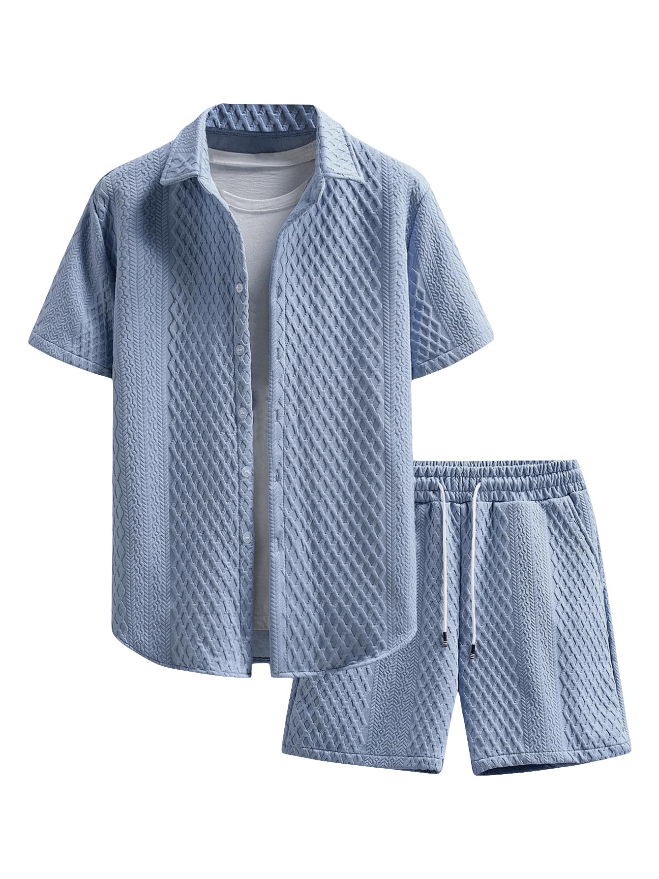 GORGLITTER Men's 2 Piece Outfits Waffle Knit Button Down Shirt Top and Shorts Set