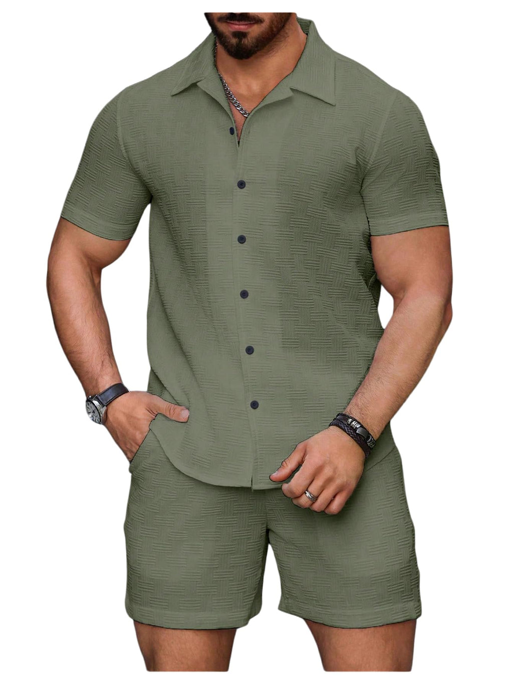 GORGLITTER Men's 2 Piece Outfits Waffle Knit Button Down Shirt Top and Shorts Set