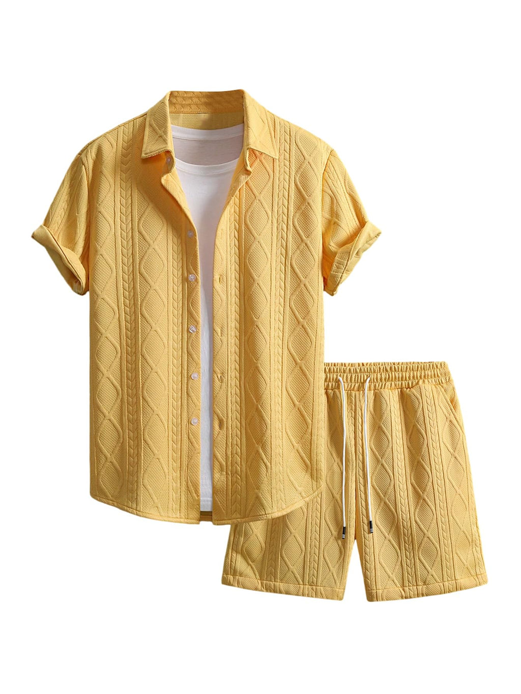 GORGLITTER Men's 2 Piece Outfits Waffle Knit Button Down Shirt Top and Shorts Set