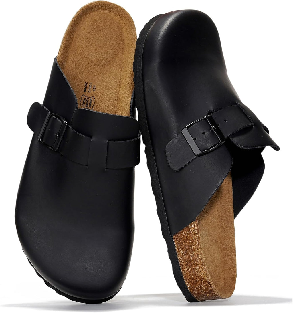 Project Cloud Mens Clogs - 100% Full Grain Genuine Leather Clogs for Men with Memory Foam Insole and Arch Support Natural Cork Footbed - Non Slip Mules Mens Slippers (Brooklyn)