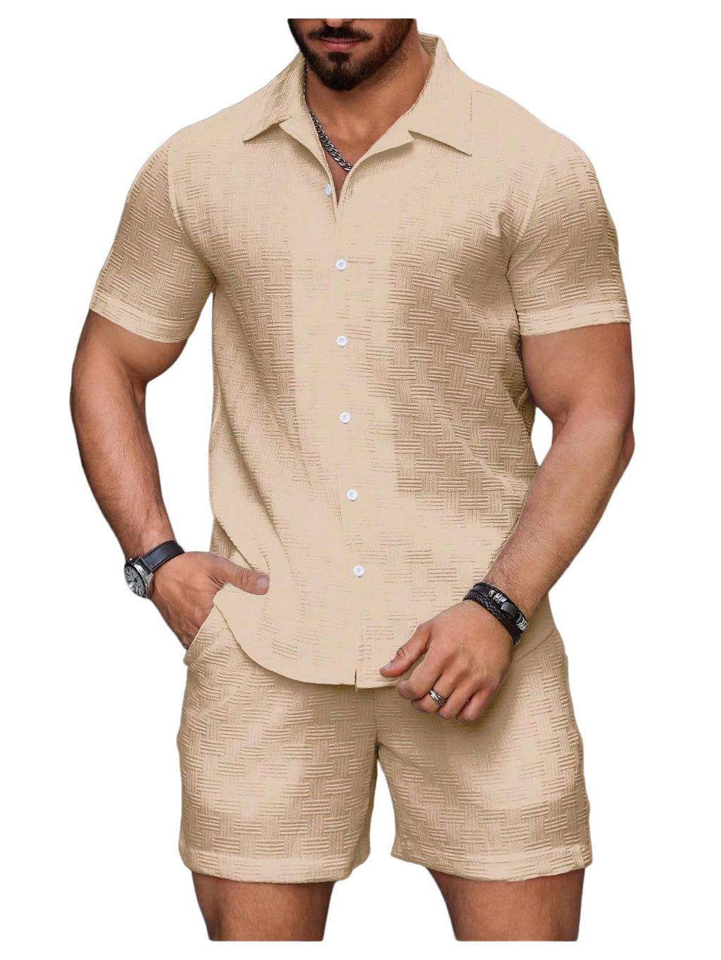 GORGLITTER Men's 2 Piece Outfits Waffle Knit Button Down Shirt Top and Shorts Set