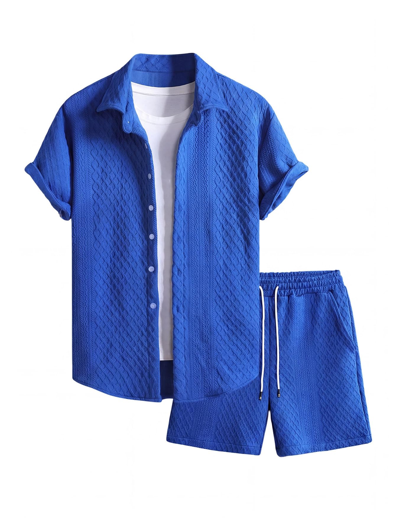 GORGLITTER Men's 2 Piece Outfits Waffle Knit Button Down Shirt Top and Shorts Set
