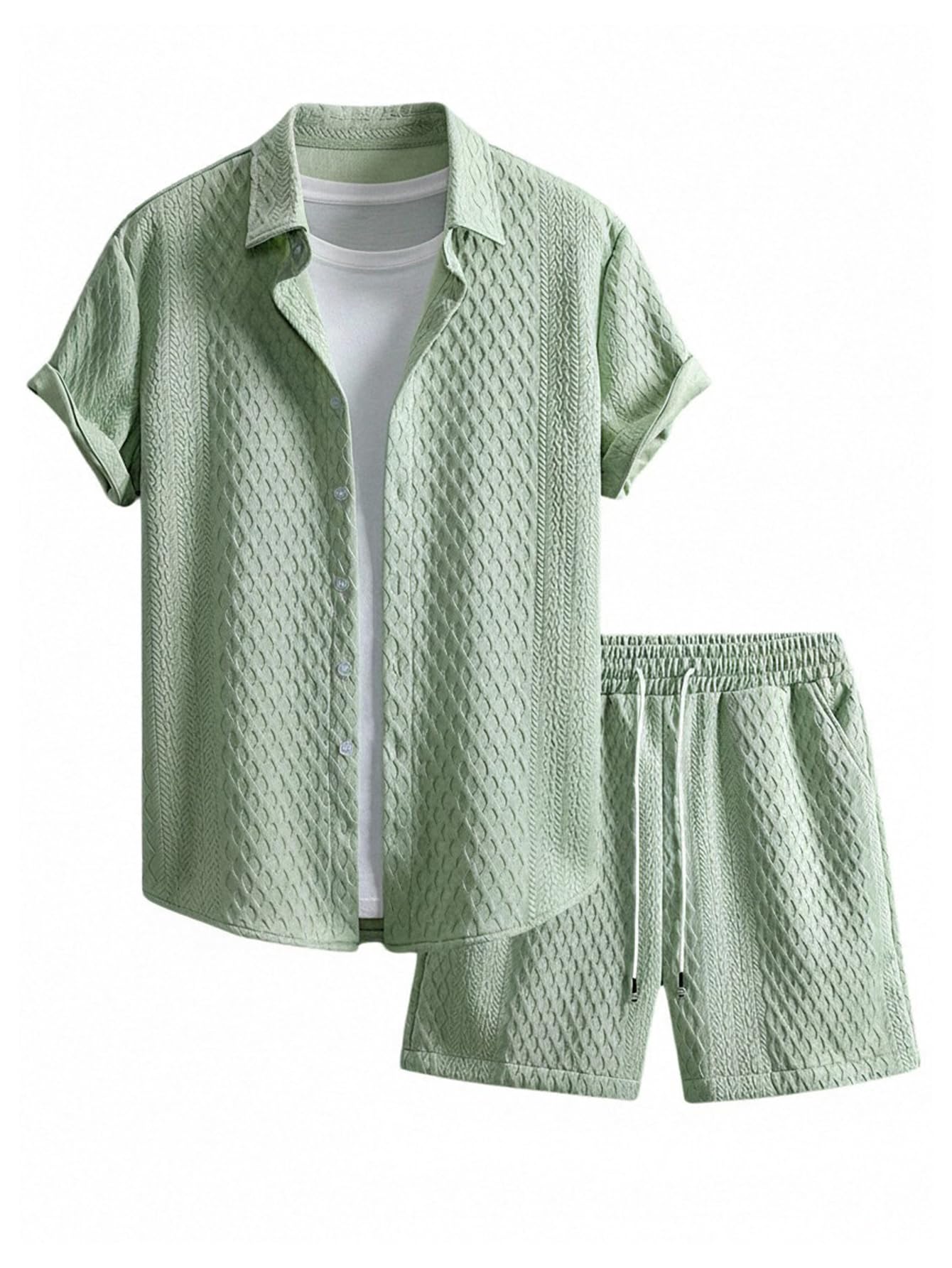 GORGLITTER Men's 2 Piece Outfits Waffle Knit Button Down Shirt Top and Shorts Set
