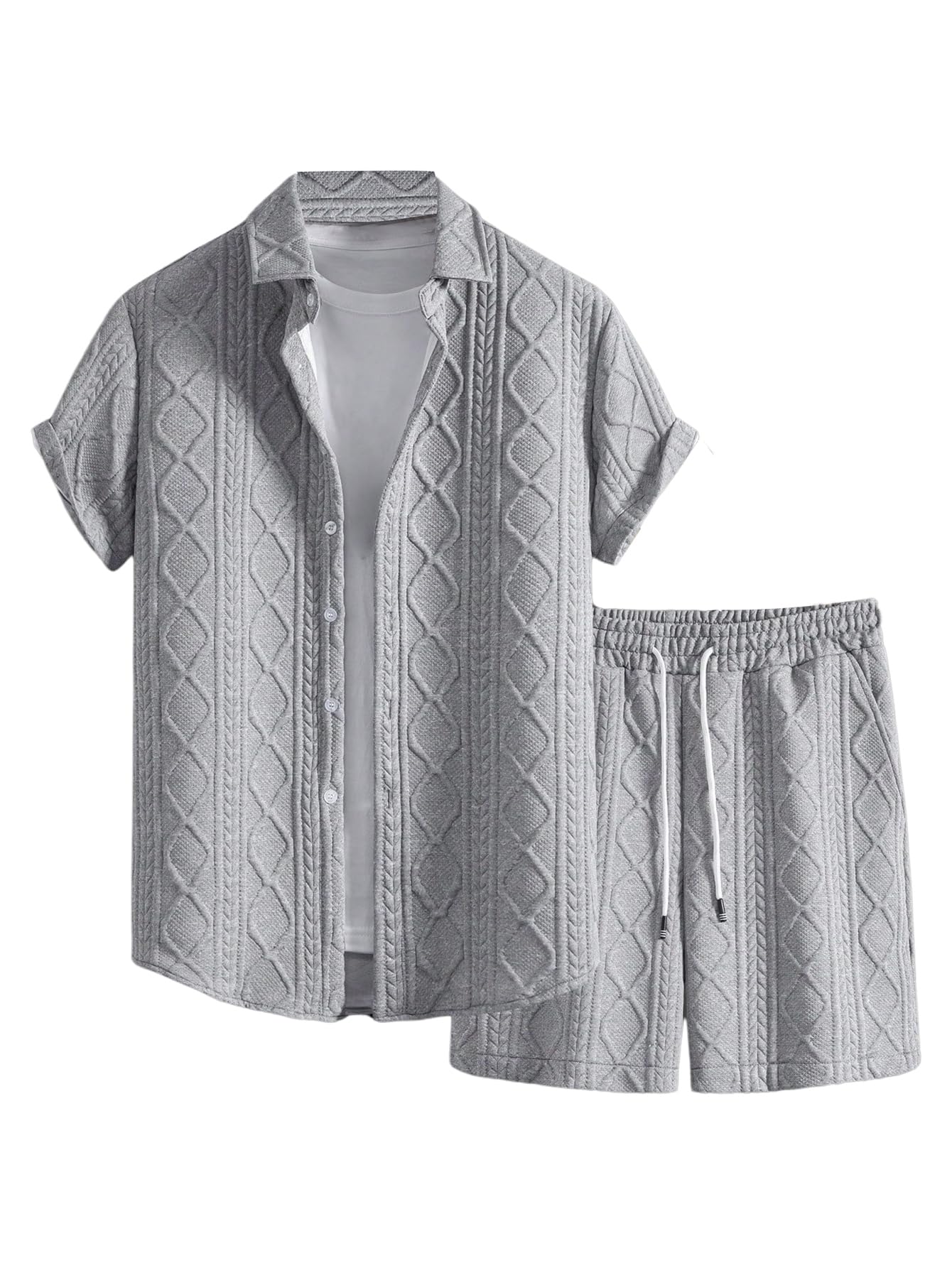 GORGLITTER Men's 2 Piece Outfits Waffle Knit Button Down Shirt Top and Shorts Set