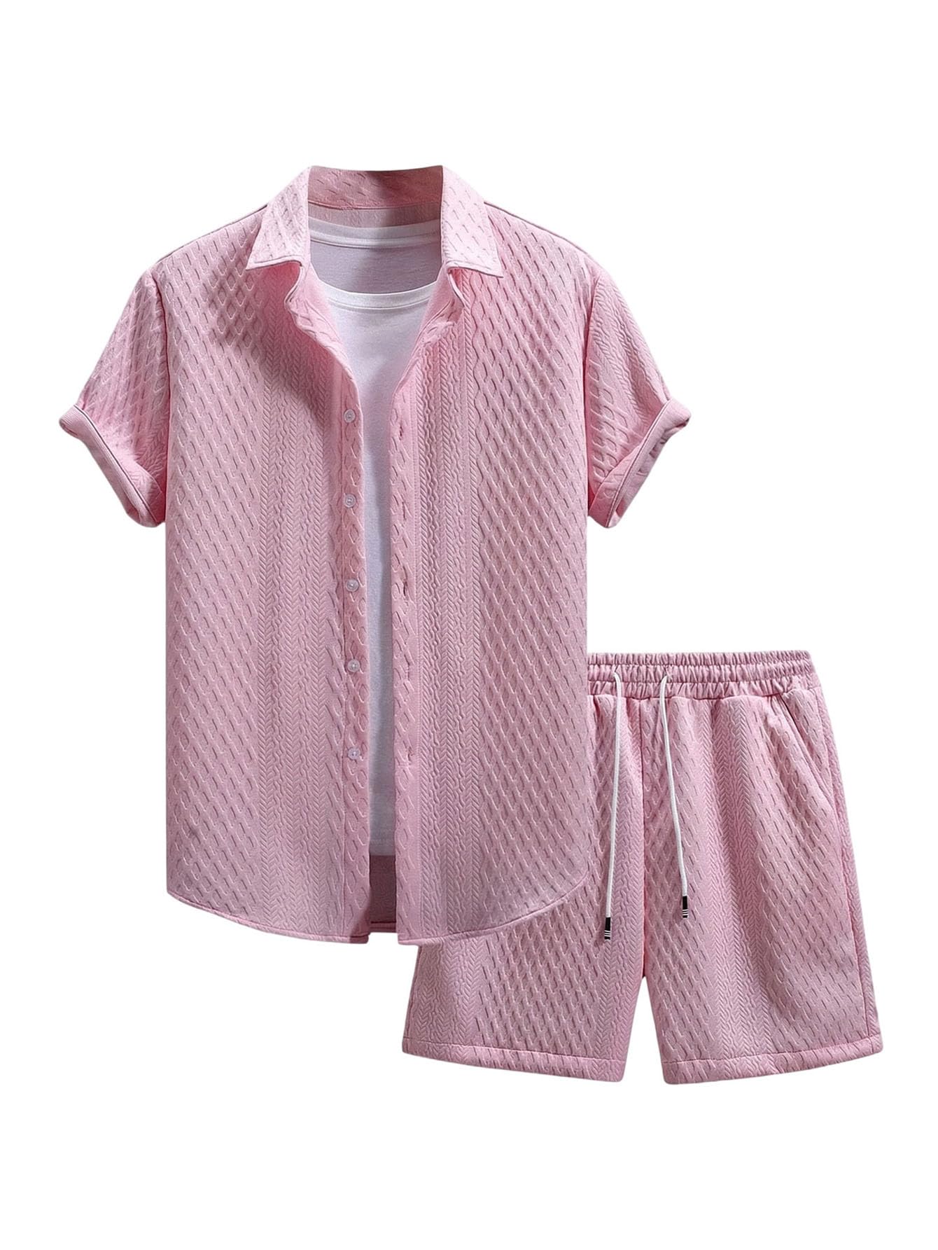 GORGLITTER Men's 2 Piece Outfits Waffle Knit Button Down Shirt Top and Shorts Set