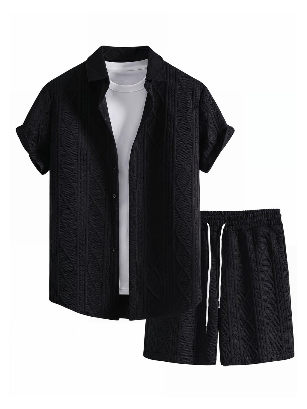 GORGLITTER Men's 2 Piece Outfits Waffle Knit Button Down Shirt Top and Shorts Set