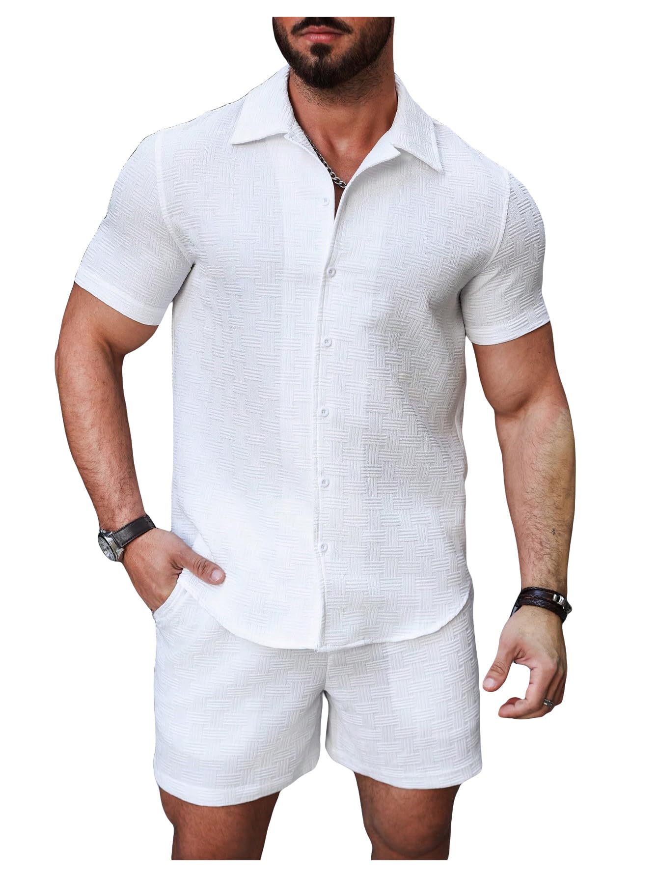 GORGLITTER Men's 2 Piece Outfits Waffle Knit Button Down Shirt Top and Shorts Set
