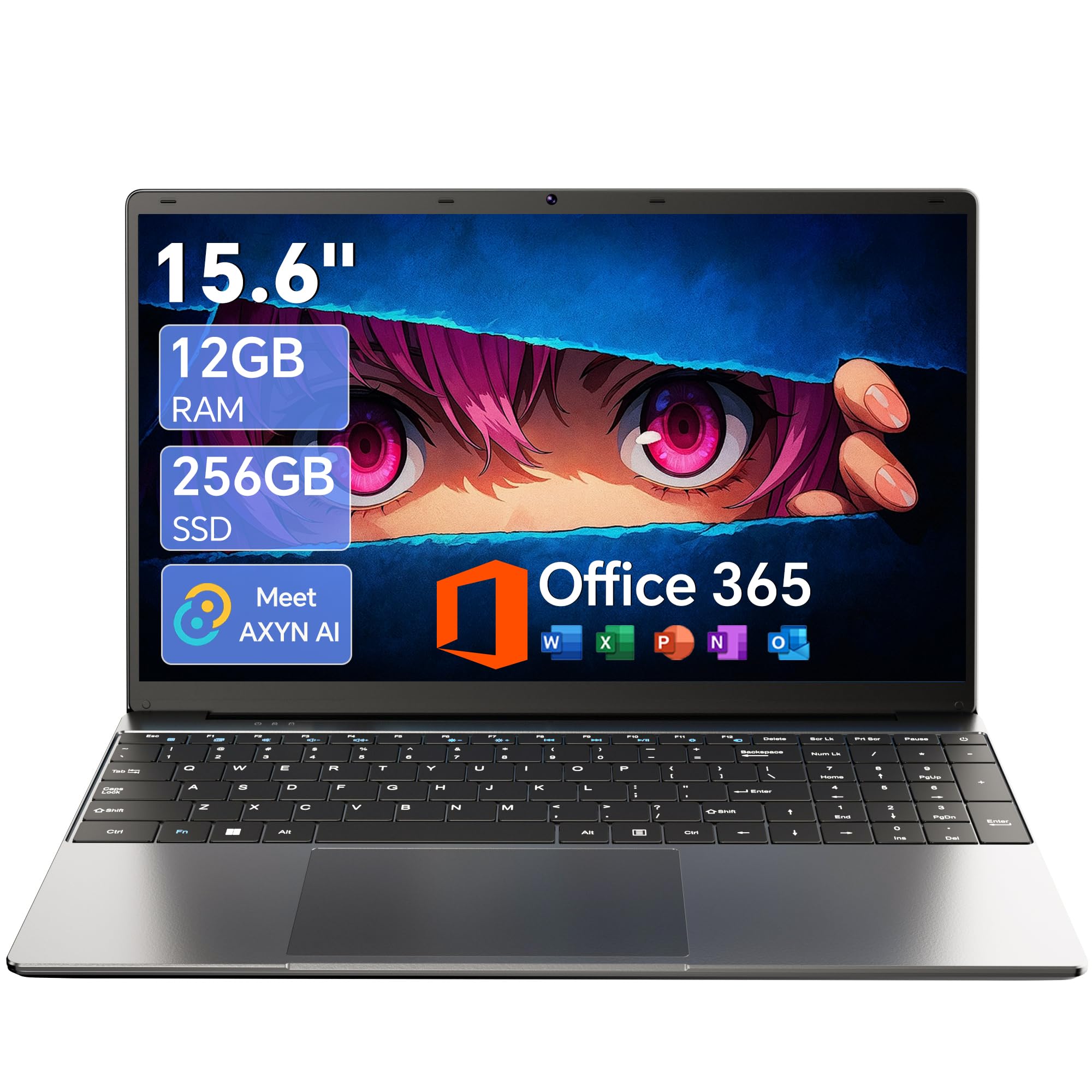 15.6 Inch Laptop with AI, Office 365, 12GB RAM 256GB SSD, Quad-Core Processor, Win 11 Home Laptops Computer, IPS FHD, 180°Viewing, Type-C, WiFi 5, BT4.2, Portable Thin Business Student Laptops