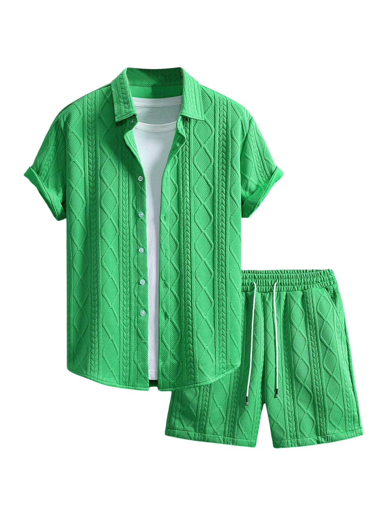GORGLITTER Men's 2 Piece Outfits Waffle Knit Button Down Shirt Top and Shorts Set