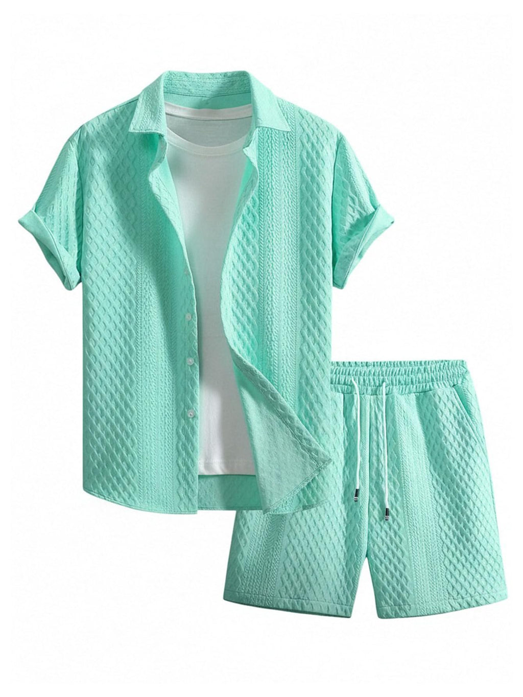 GORGLITTER Men's 2 Piece Outfits Waffle Knit Button Down Shirt Top and Shorts Set