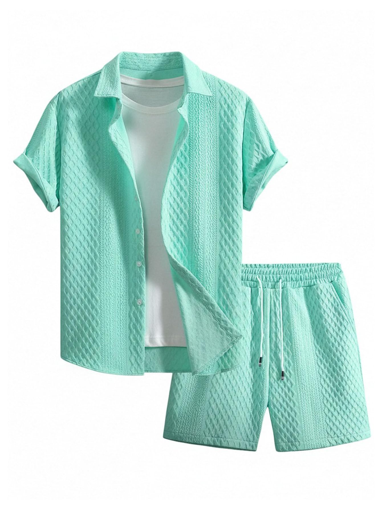 GORGLITTER Men's 2 Piece Outfits Waffle Knit Button Down Shirt Top and Shorts Set