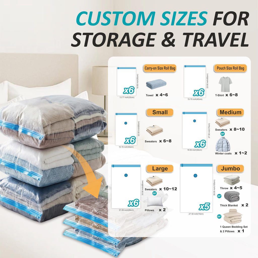 Cozy Essential Vacuum Storage Bags, 80% Compression Vacuum Seal Space Saver Plastic Packaging Bags for Clothes, Blankets, Pillow, Bedding, Comforters, Sealer Clothing Storage,20 Combo