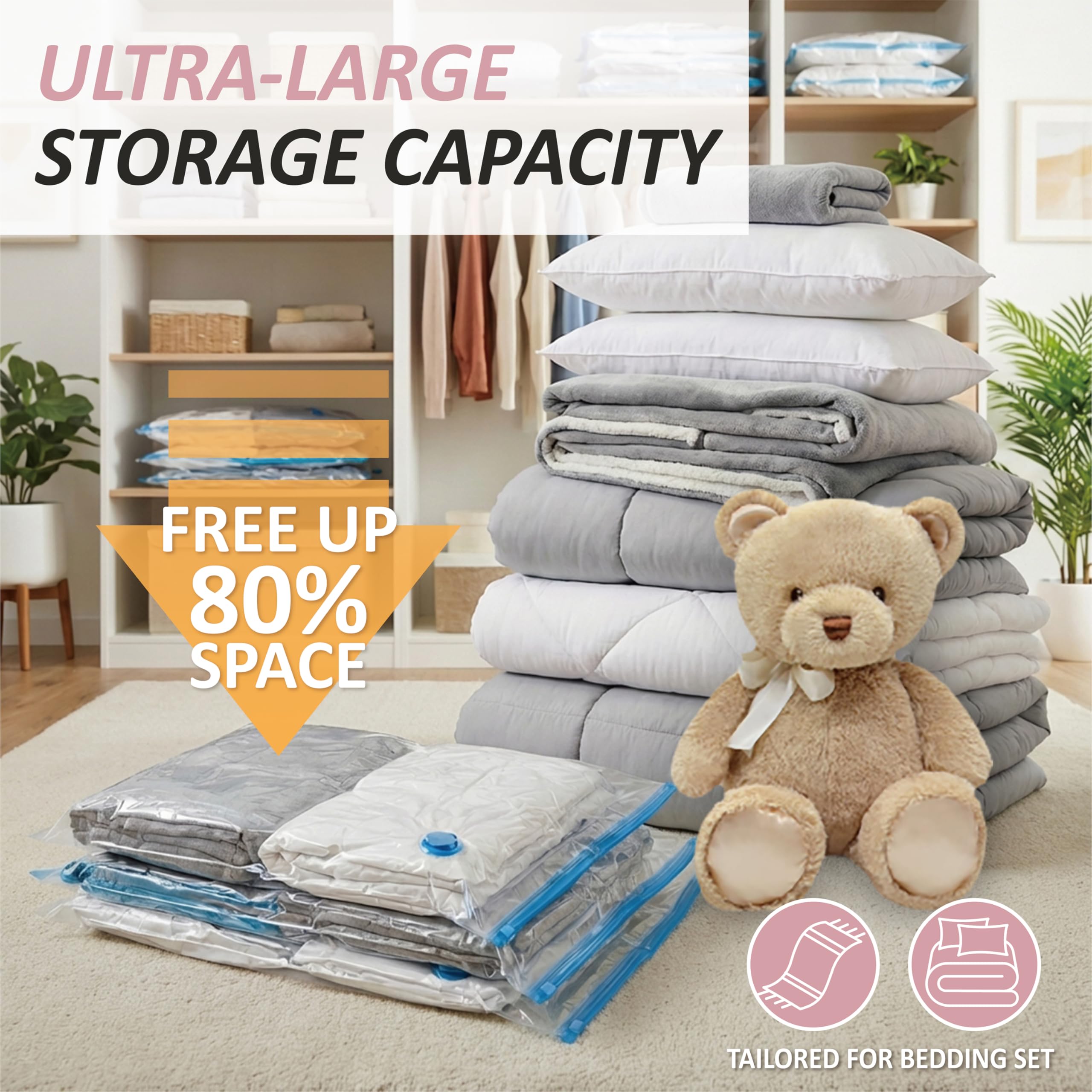 Cozy Essential Vacuum Storage Bags, 80% Compression Vacuum Seal Space Saver Plastic Packaging Bags for Clothes, Blankets, Pillow, Bedding, Comforters, Sealer Clothing Storage,20 Combo
