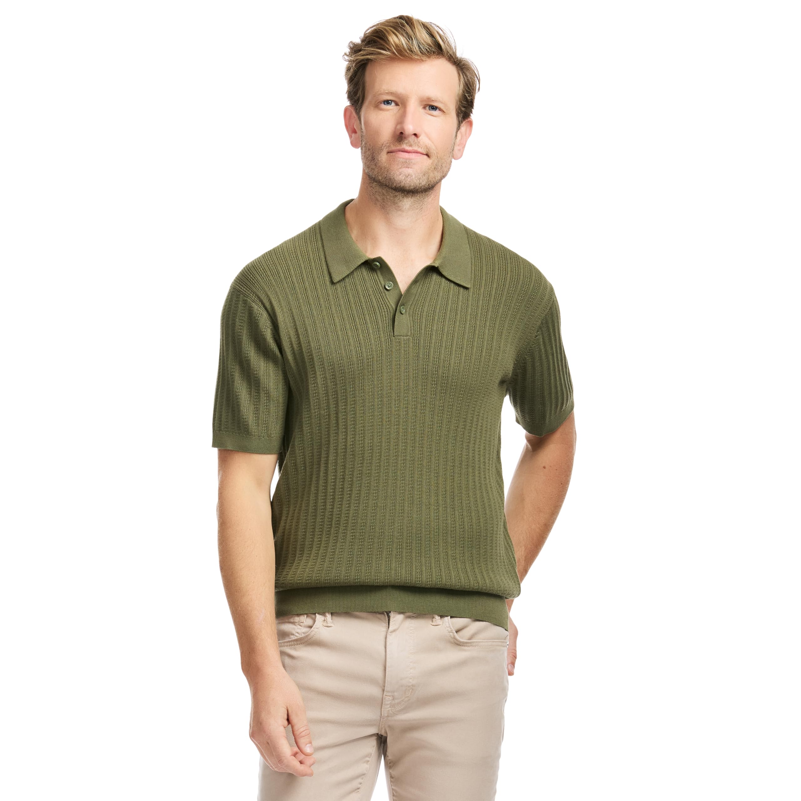 SAKS Fifth Avenue Men's Short Sleeve Vertical Texture Rib Knit Sweater Polo