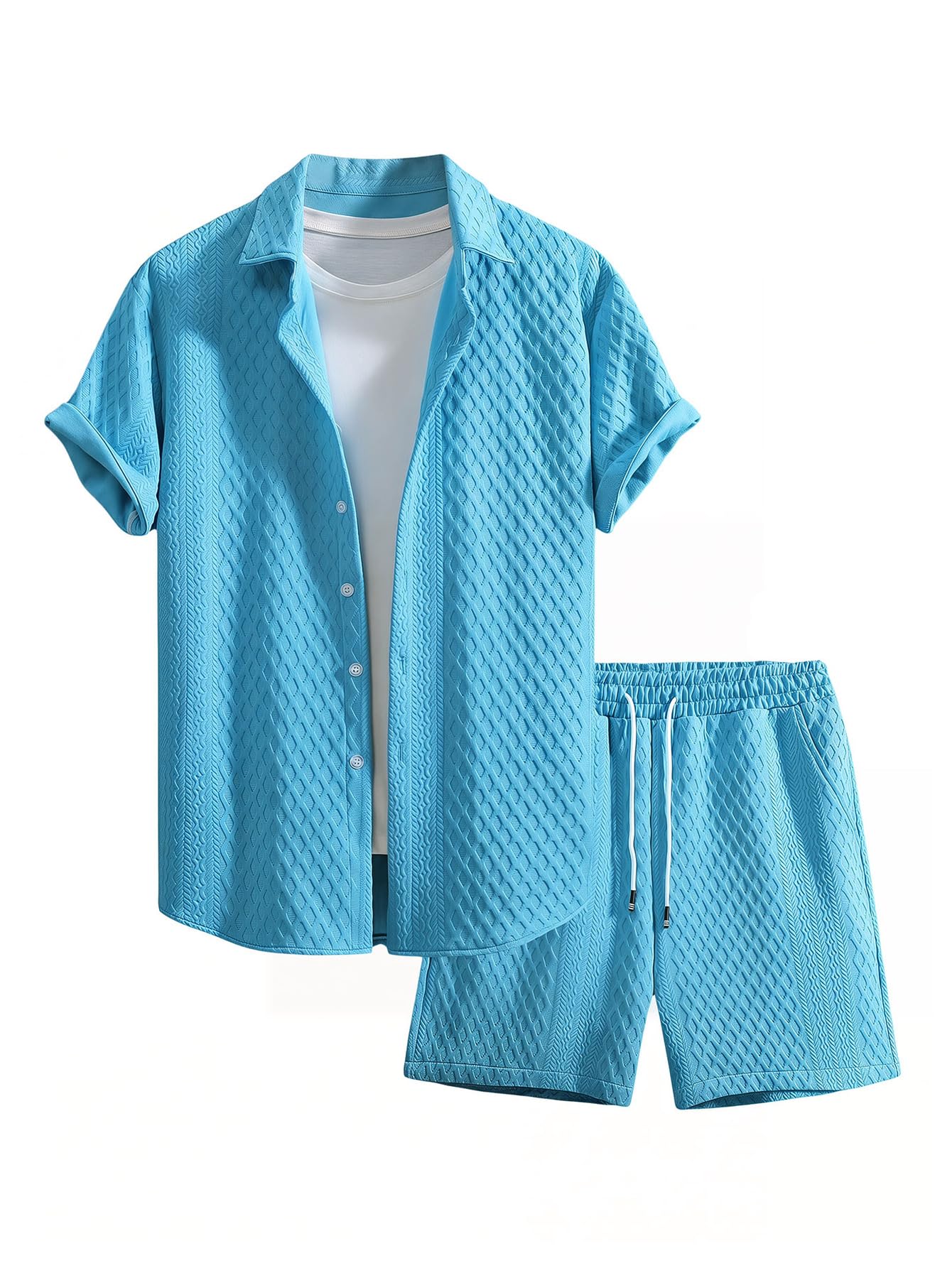 GORGLITTER Men's 2 Piece Outfits Waffle Knit Button Down Shirt Top and Shorts Set
