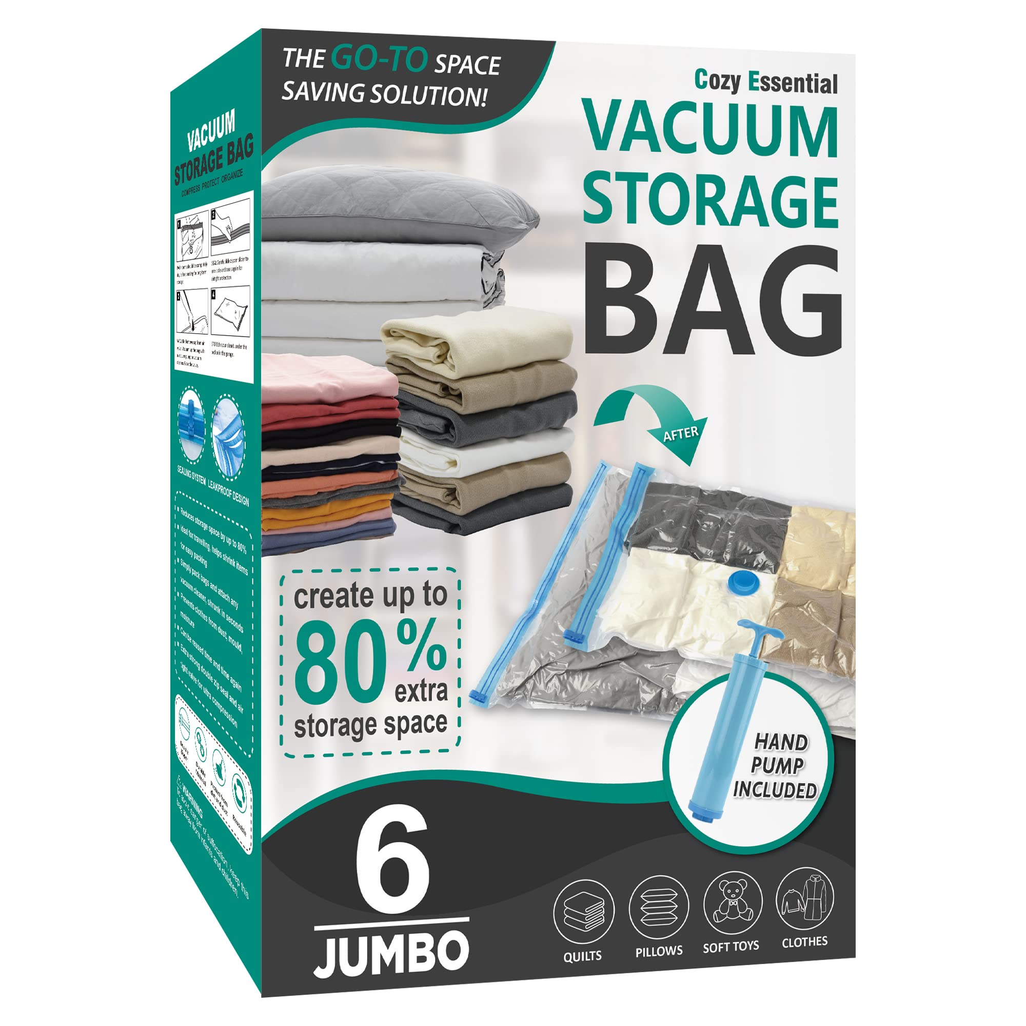 Cozy Essential Vacuum Storage Bags, 80% Compression Vacuum Seal Space Saver Plastic Packaging Bags for Clothes, Blankets, Pillow, Bedding, Comforters, Sealer Clothing Storage,20 Combo