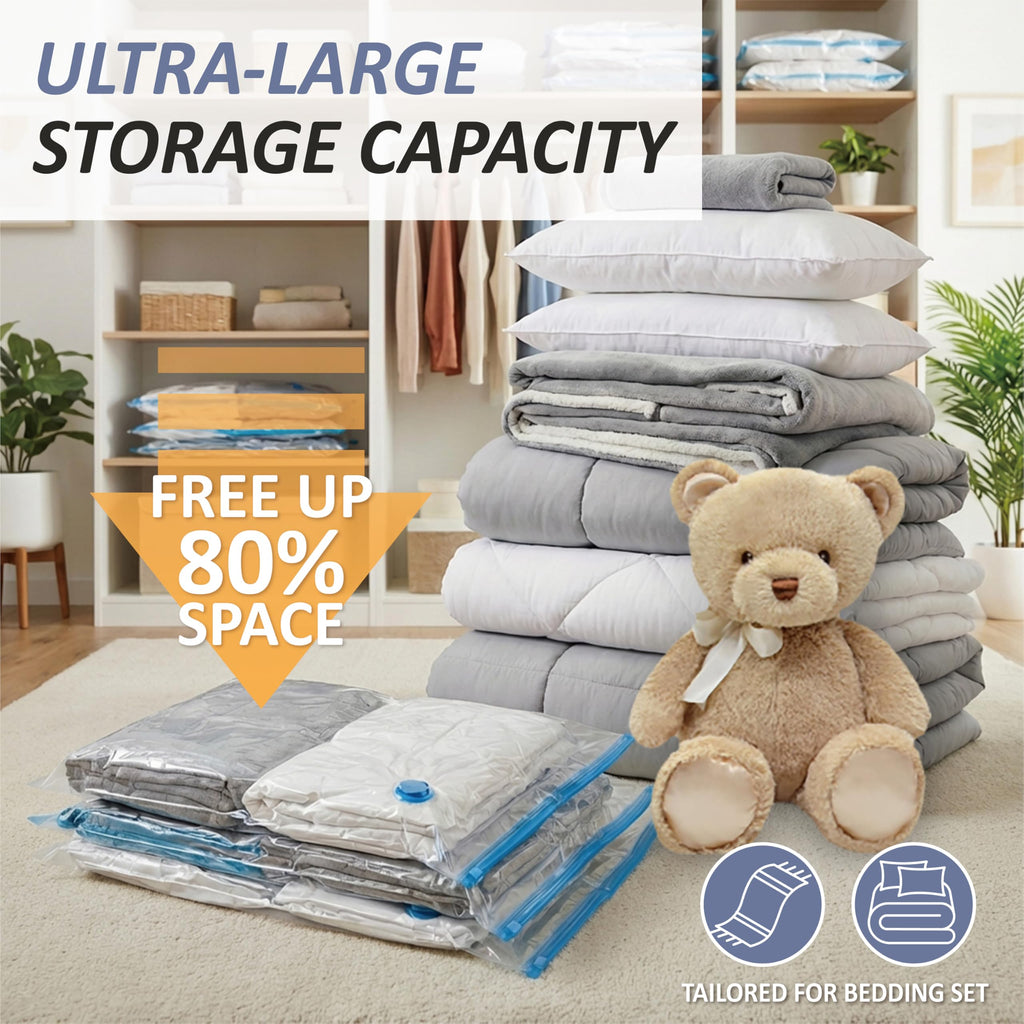 Cozy Essential Vacuum Storage Bags, 80% Compression Vacuum Seal Space Saver Plastic Packaging Bags for Clothes, Blankets, Pillow, Bedding, Comforters, Sealer Clothing Storage,20 Combo