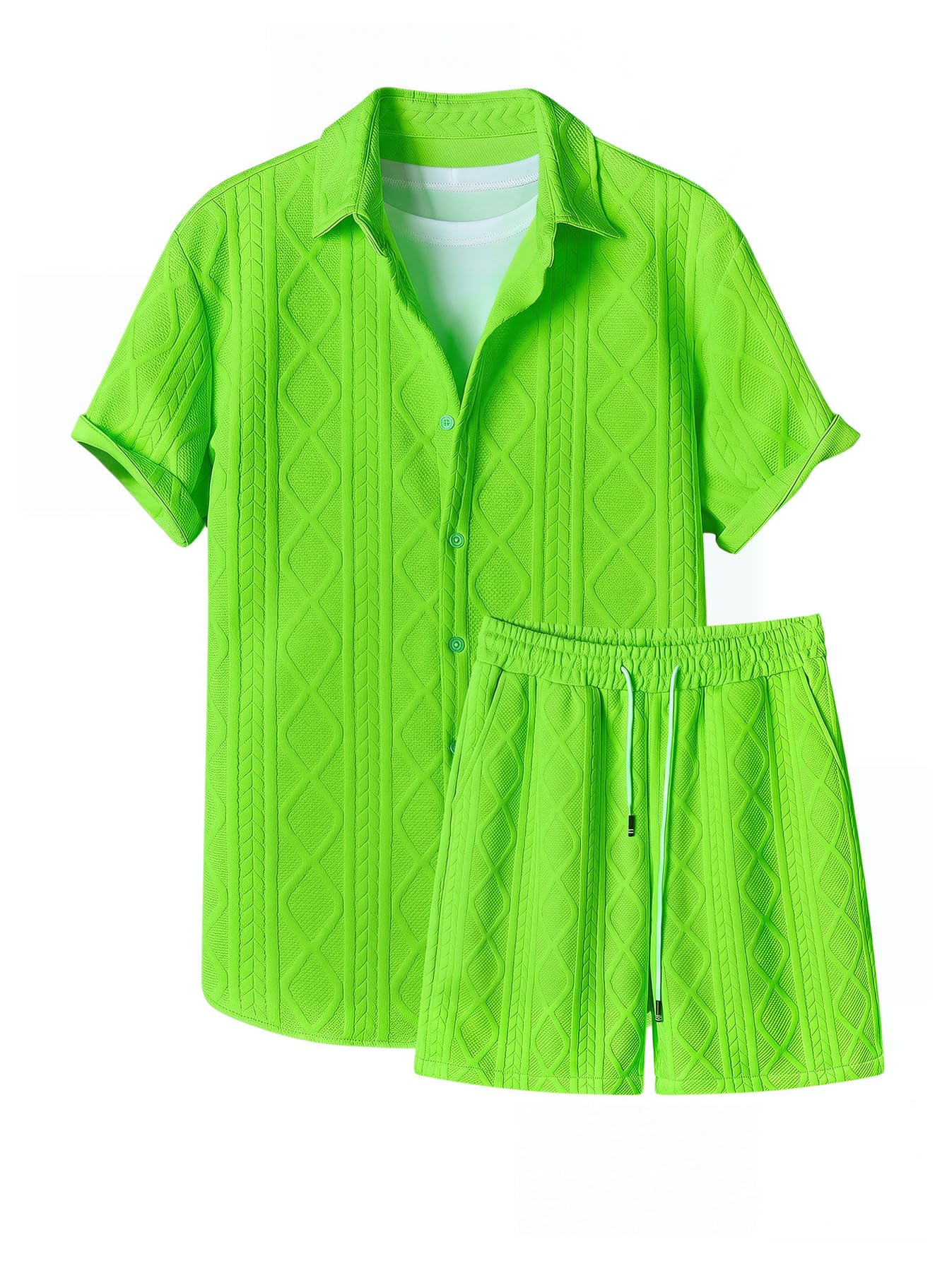 GORGLITTER Men's 2 Piece Outfits Waffle Knit Button Down Shirt Top and Shorts Set