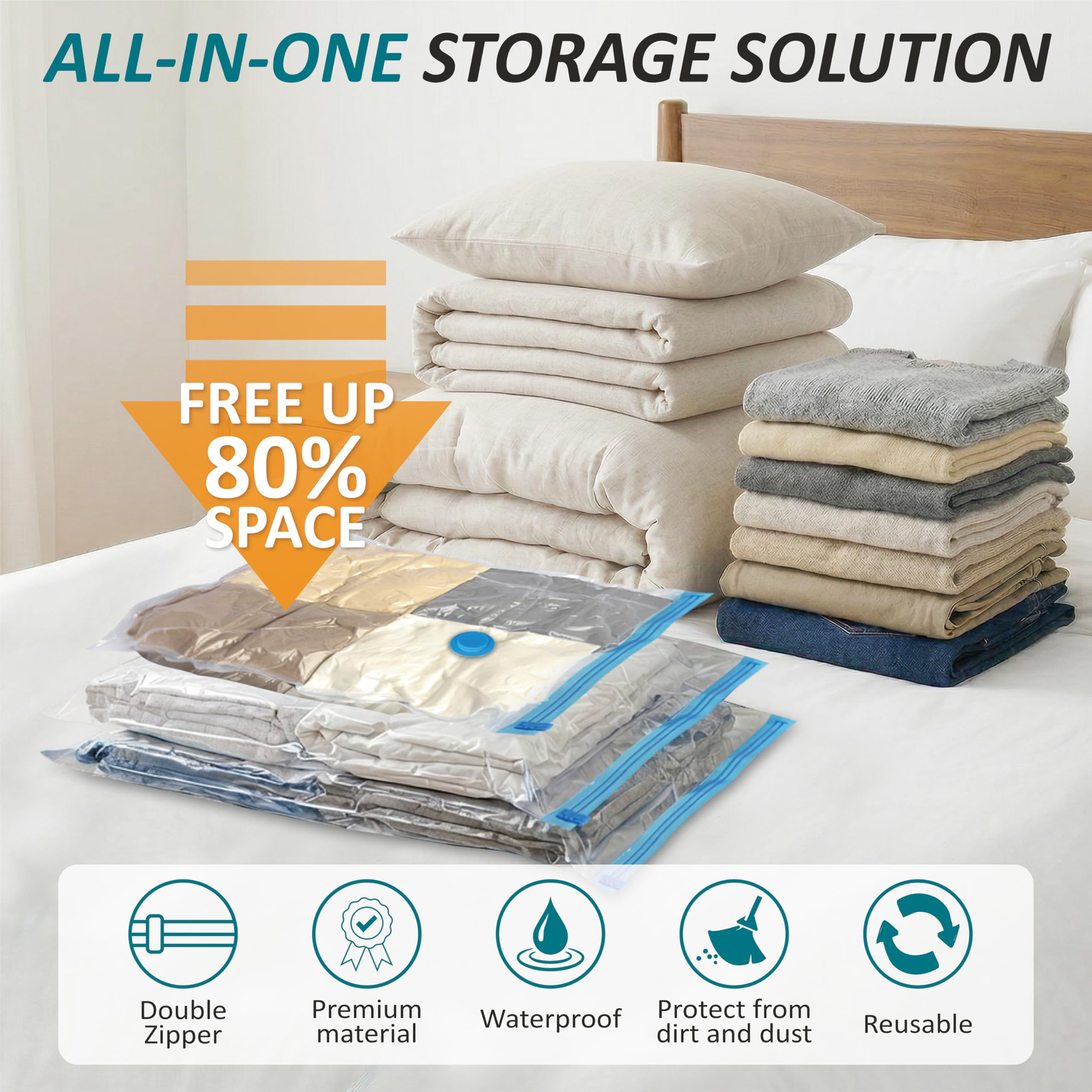 Cozy Essential Vacuum Storage Bags, 80% Compression Vacuum Seal Space Saver Plastic Packaging Bags for Clothes, Blankets, Pillow, Bedding, Comforters, Sealer Clothing Storage,20 Combo