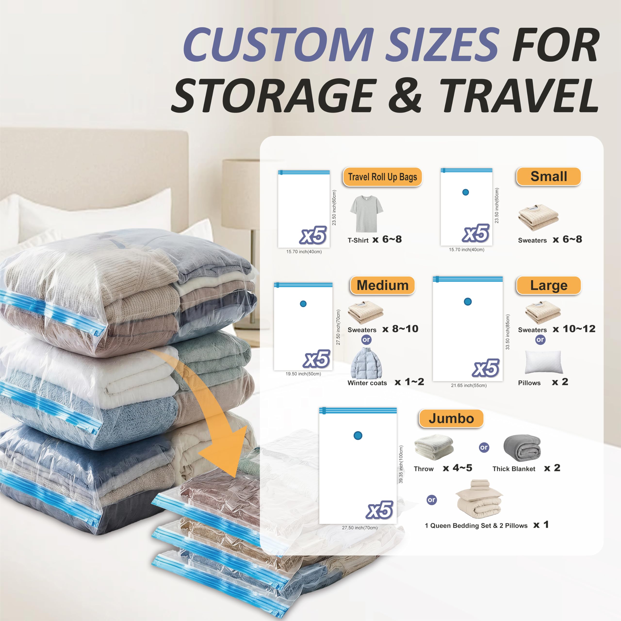 Cozy Essential Vacuum Storage Bags, 80% Compression Vacuum Seal Space Saver Plastic Packaging Bags for Clothes, Blankets, Pillow, Bedding, Comforters, Sealer Clothing Storage,20 Combo