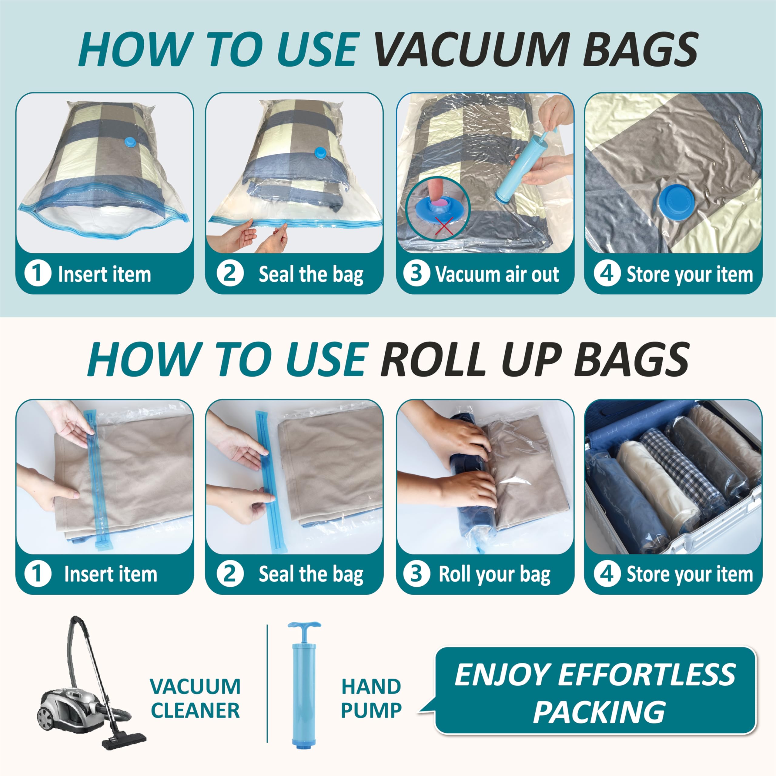 Cozy Essential Vacuum Storage Bags, 80% Compression Vacuum Seal Space Saver Plastic Packaging Bags for Clothes, Blankets, Pillow, Bedding, Comforters, Sealer Clothing Storage,20 Combo