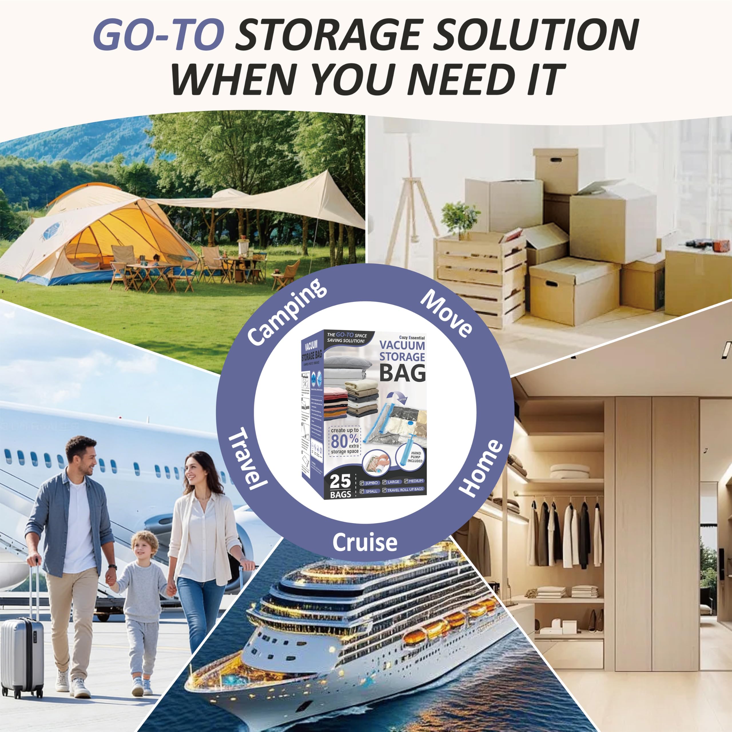 Cozy Essential Vacuum Storage Bags, 80% Compression Vacuum Seal Space Saver Plastic Packaging Bags for Clothes, Blankets, Pillow, Bedding, Comforters, Sealer Clothing Storage,20 Combo