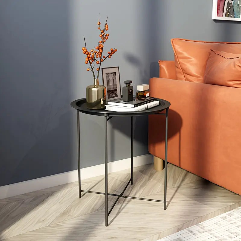 1 tier Black Round Coffee Table with Detachable Tray - Metal Edge Design