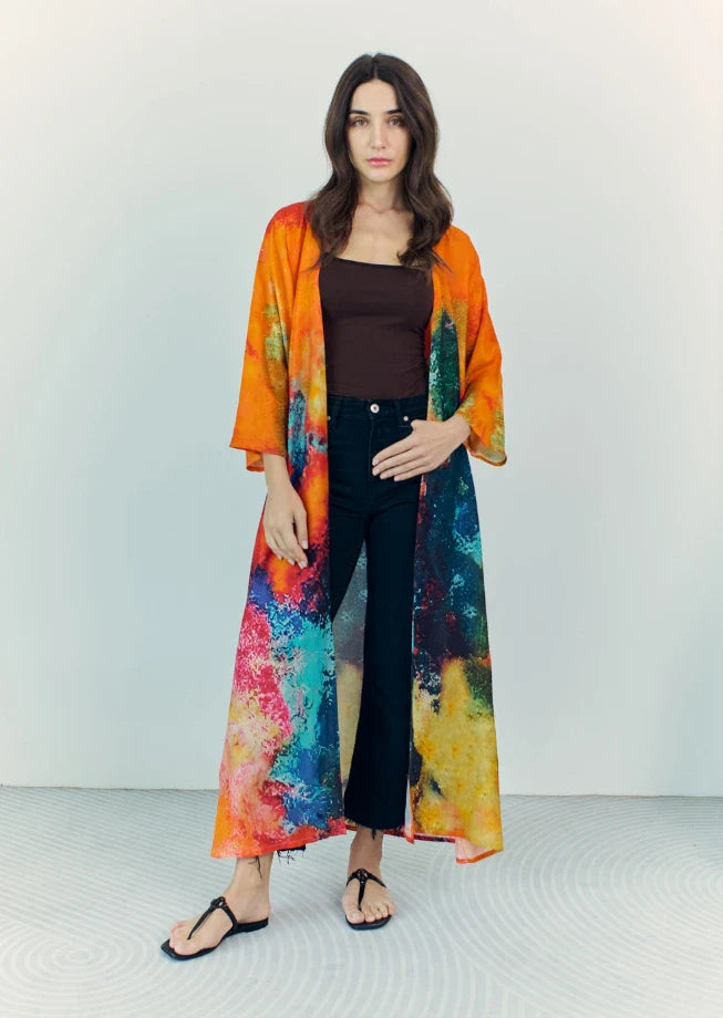 Canvas & Chaos Abstract Long Kimono - Multicolor