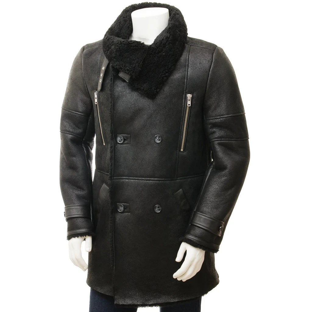 MEN BLACK SHEEPSKIN SHEARLING COAT GENEVA