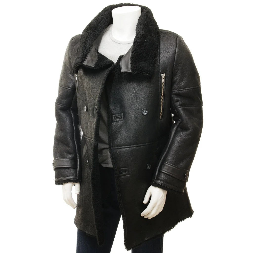 MEN BLACK SHEEPSKIN SHEARLING COAT GENEVA