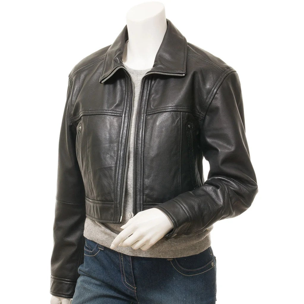 WOMEN CROPPED BLACK LEATHER JACKET MASCOTTE