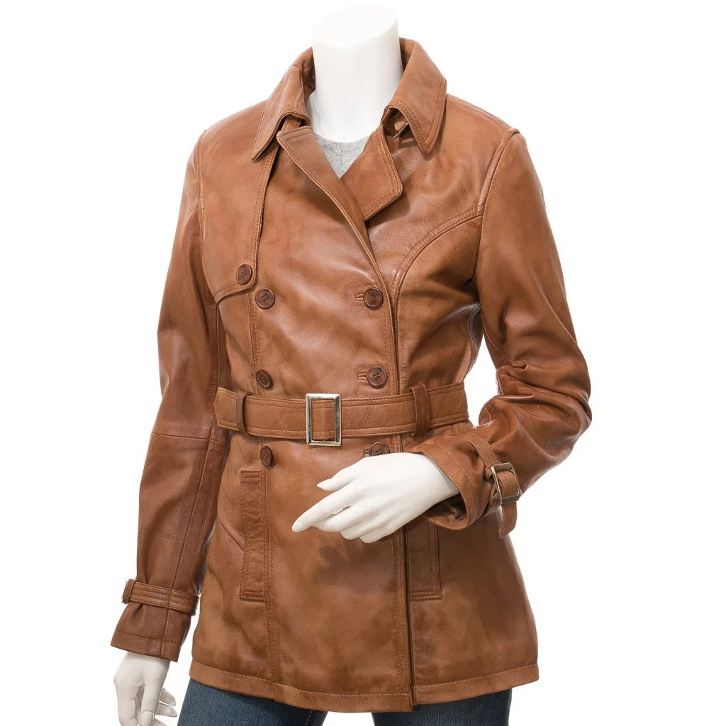 WOMEN TAN LEATHER TRENCH COAT LONGWOOD