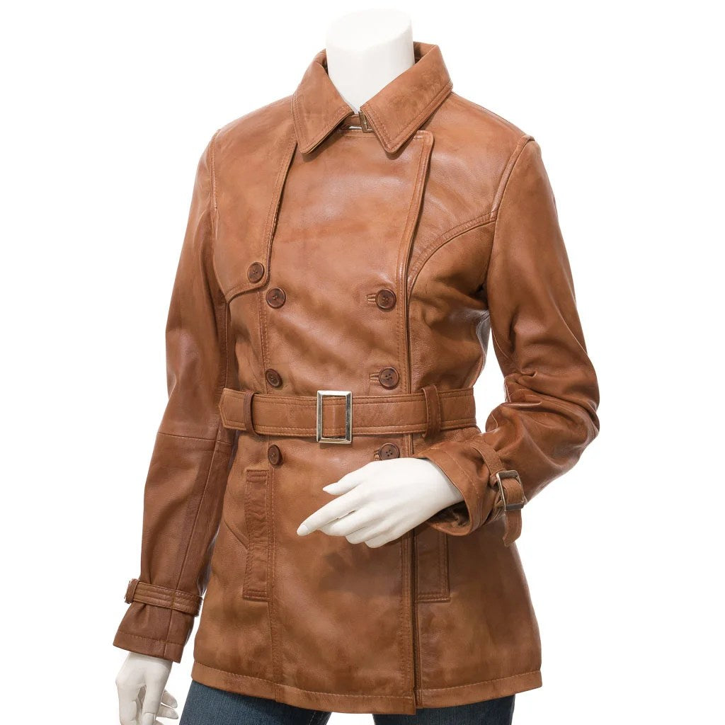 WOMEN TAN LEATHER TRENCH COAT LONGWOOD