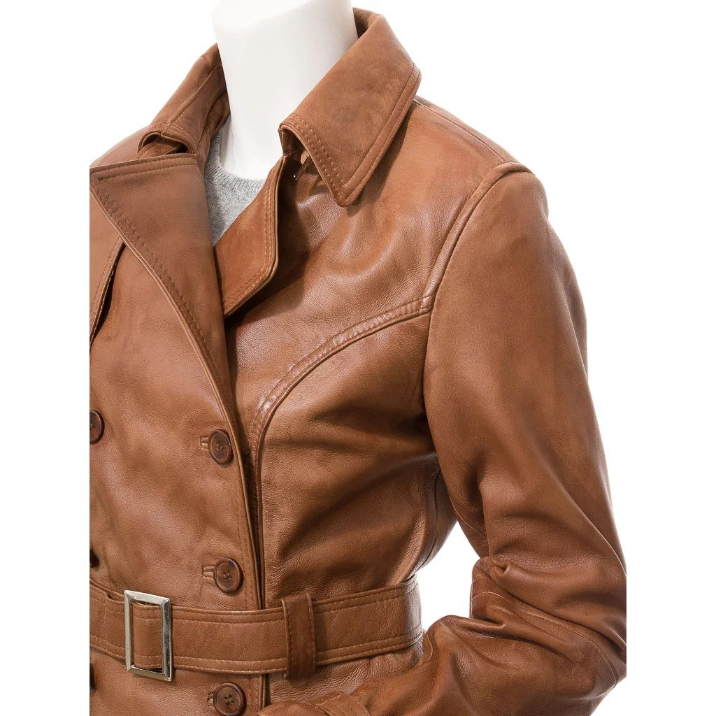 WOMEN TAN LEATHER TRENCH COAT LONGWOOD