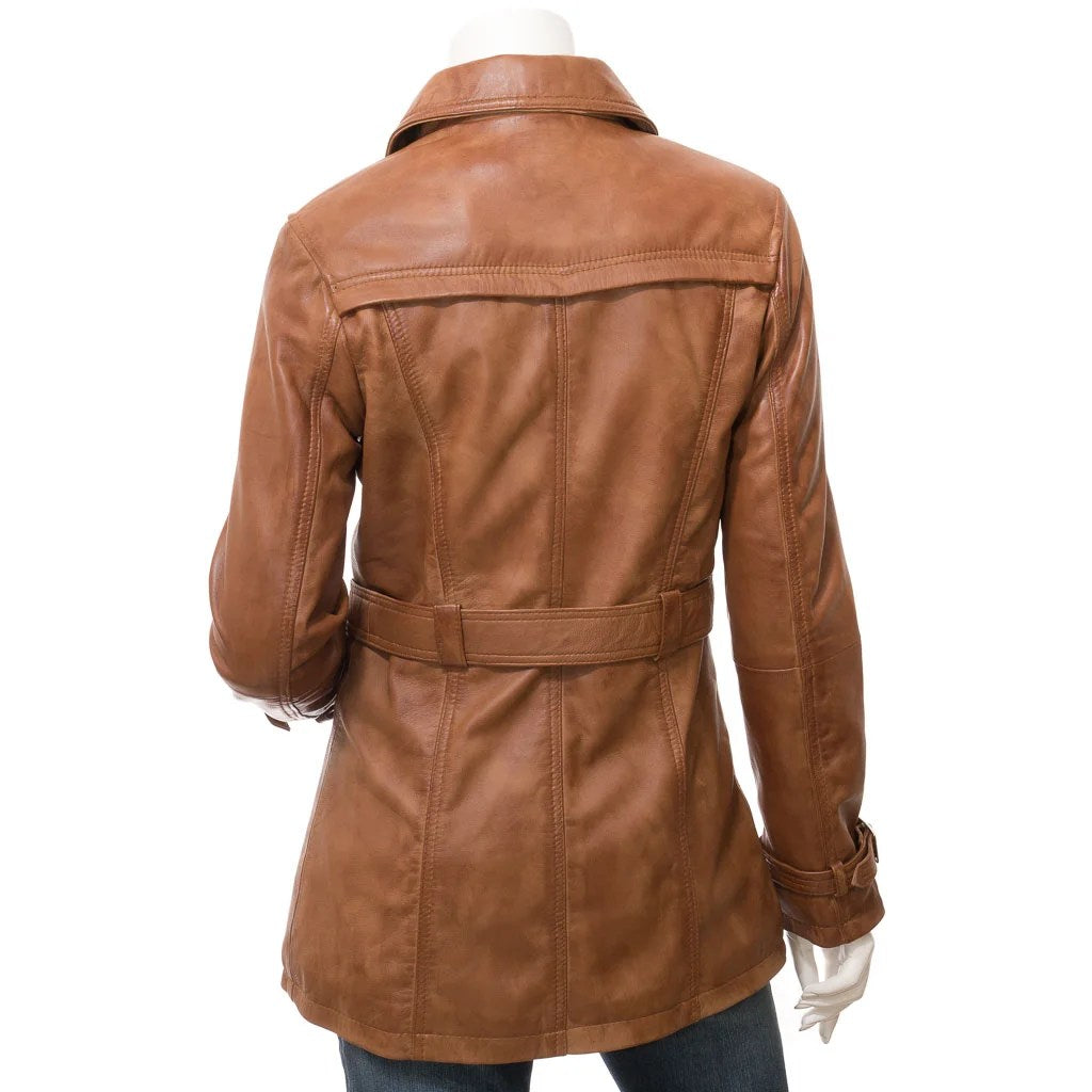 WOMEN TAN LEATHER TRENCH COAT LONGWOOD