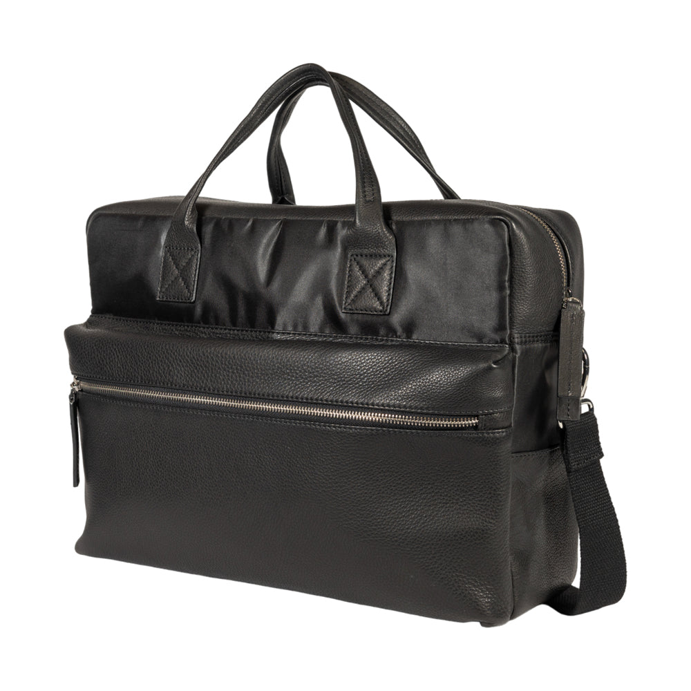 K0043AB | Briefcase in Waterproof Nylon/Full Grain Leather with Light Grain - Black Color - Inside Clutch Bag - Shiny Silver Accessories - Size 39 x 30 x 12 cm - Packaging: Tnt Bag
