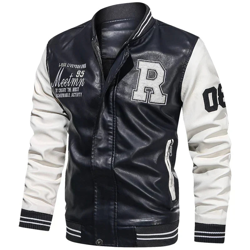 Men's PU Leather Moto Jacket (WHITE)(XL)