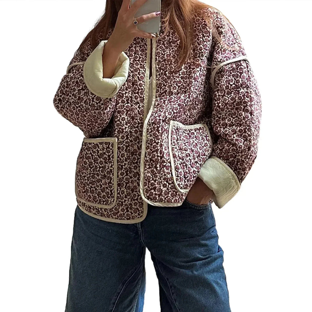 Women's Cropped Floral Quilted Puffer Jacket – Lightweight Winter Coat