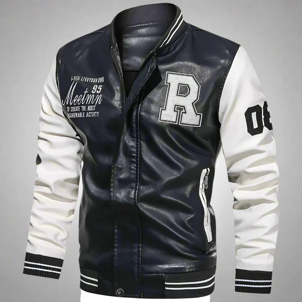 Men's PU Leather Moto Jacket (WHITE)(XL)