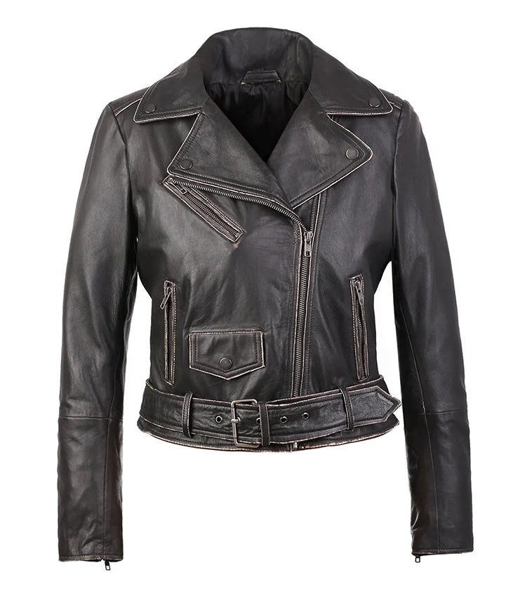 Carla Womens Distressed Short Biker Leather Jacket - Black, 2XL