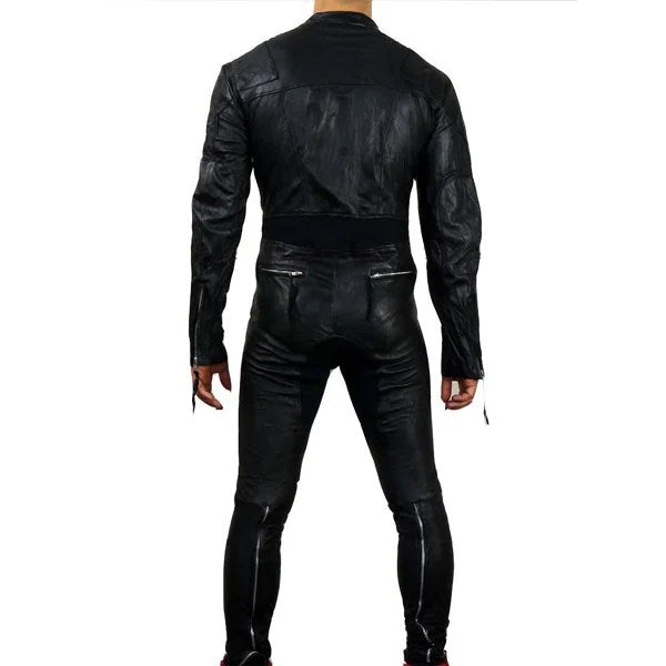 Fabric Insert Men Designer Style Leather Jumpsuit - M