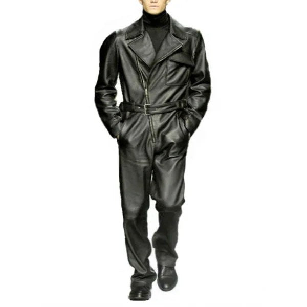 Notch Collar Style Rider Men Leather Jumpsuit